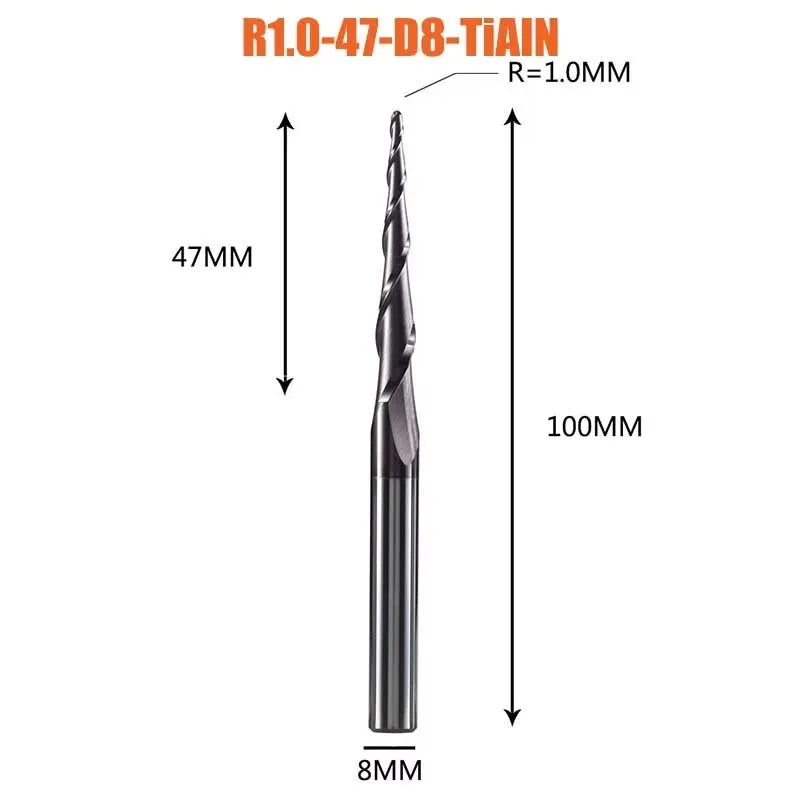 1 Pcs Solid Carbide Coated Taper Ball Nose Bit CNC Milling Cutter Router Bits for Wood and Cutters for Metal End Mill
