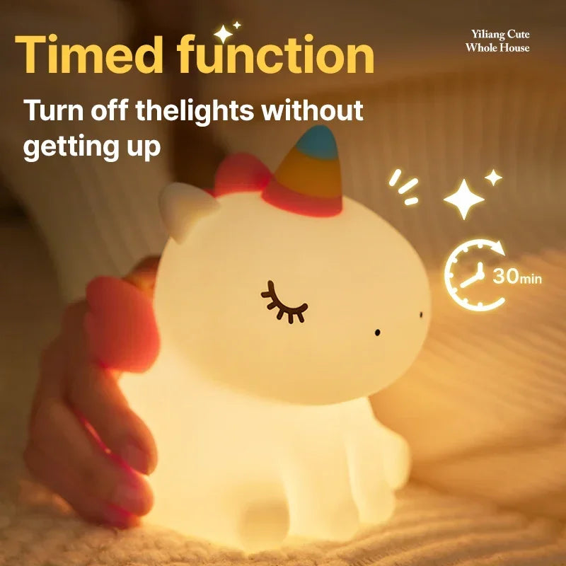 Cartoon Unicorn Night Lamp Soft Silicone Pat Light Warm Light Eye Protection Night Reading Lamp Desktop Kid'S Room Decoration