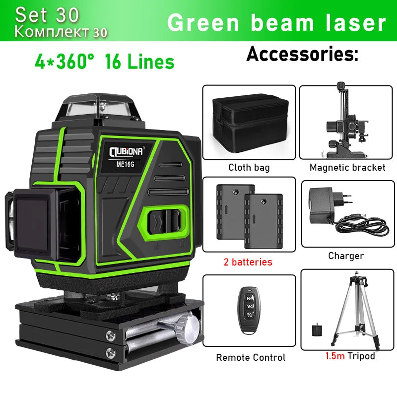16/12 Lines Self-Leveling Remote Control Outdoor Mode - Receiver Auto 3X360 Green Beam Line Laser Level