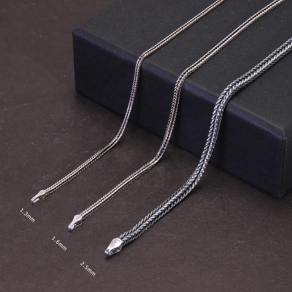 Real Pure 925 Sterling Silver Necklace Chain Women and Men Vintage Foxtail 1.6Mm Retro Solid Thai Silver Italy Fine Jewelry