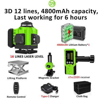 16/12 Lines Self-Leveling Remote Control Outdoor Mode - Receiver Auto 3X360 Green Beam Line Laser Level
