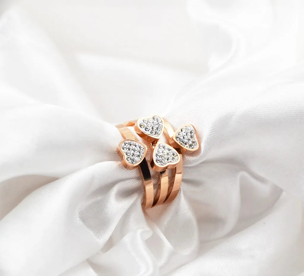 Gorgeous Three Ring Set for Women High Quality Stainless Steel Three Colors Crystal Clover Ring with Crystals