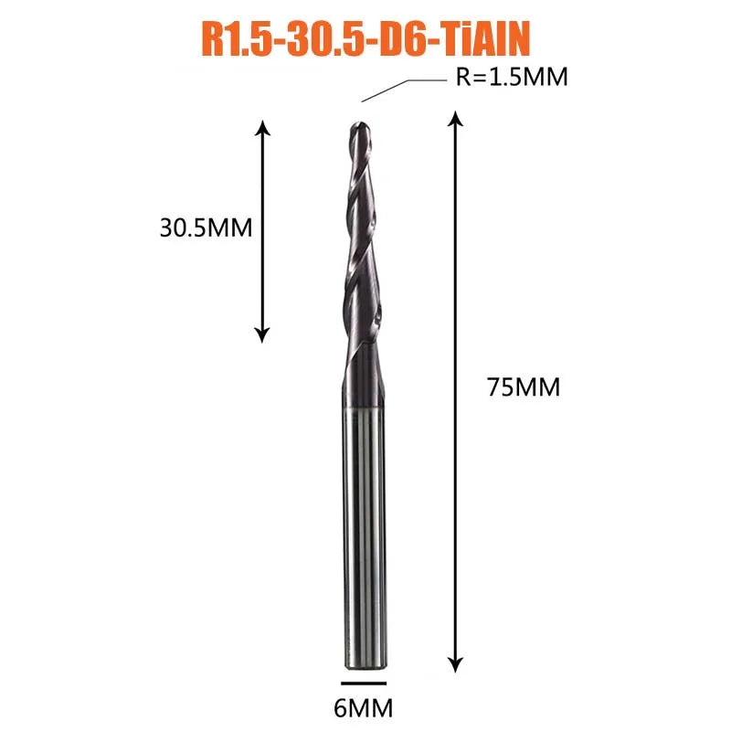 1 Pcs Solid Carbide Coated Taper Ball Nose Bit CNC Milling Cutter Router Bits for Wood and Cutters for Metal End Mill