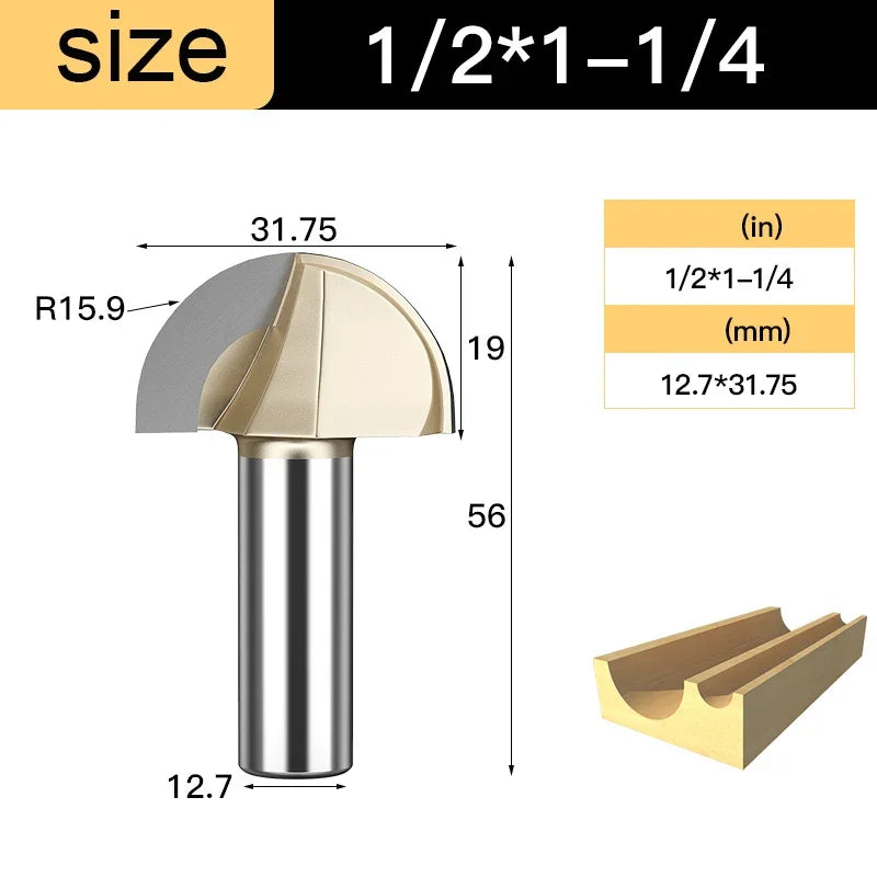 Core Box round Cove Nose Bit Tungsten Carbide CNC Woodworking Groove Tools Router Bits for Wood 1/2 1/4 Shank Milling Cutter