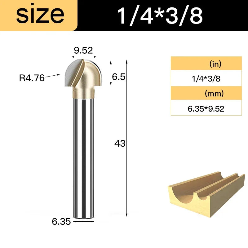 Core Box round Cove Nose Bit Tungsten Carbide CNC Woodworking Groove Tools Router Bits for Wood 1/2 1/4 Shank Milling Cutter