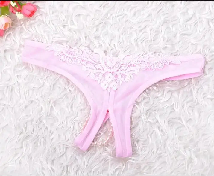 Women Low Waist Panties Lace G Strings Sexy Underwear Pearl Crotchless Briefs Female Lingerie Tanga