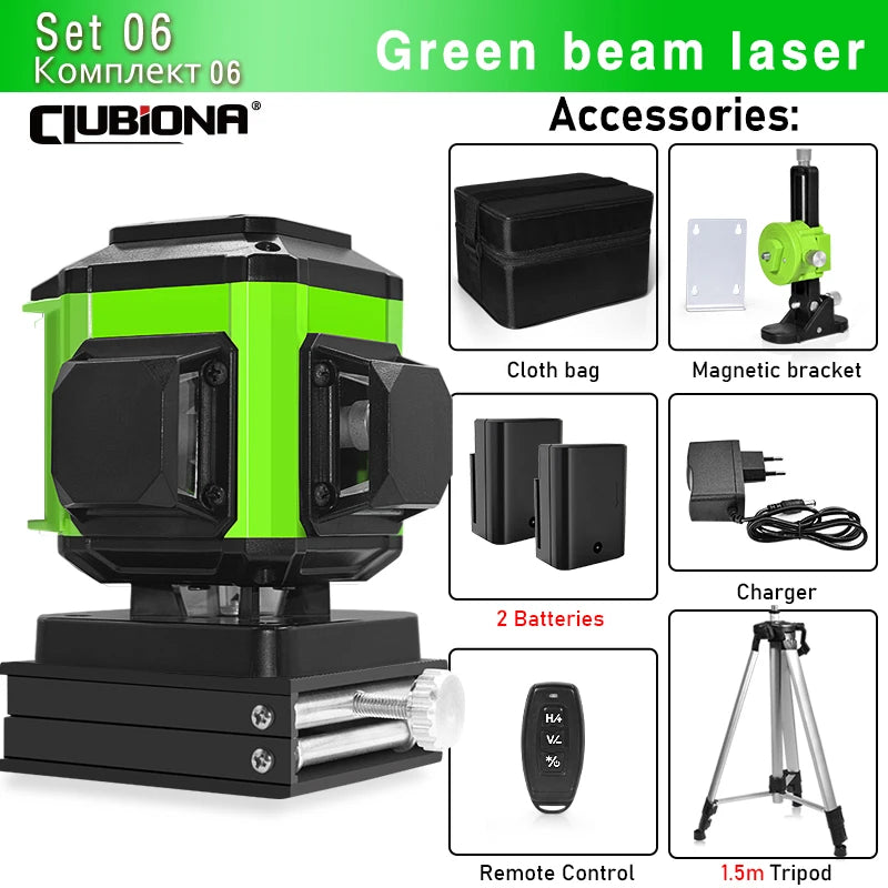 16/12 Lines Self-Leveling Remote Control Outdoor Mode - Receiver Auto 3X360 Green Beam Line Laser Level