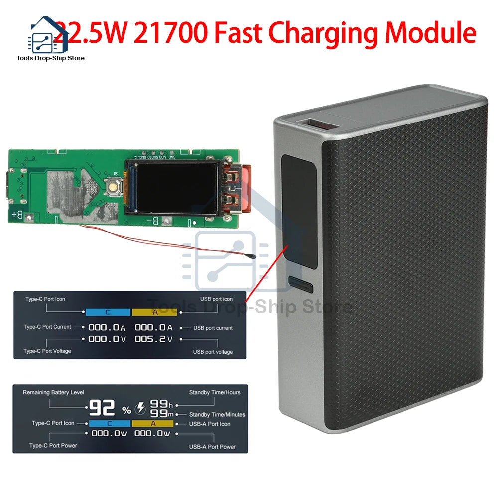 22.5W Fast Charging Module TFT Color Screen Digital DIY Power Bank Kit 21700 Battery Case Fast Charging Mini Portable Power