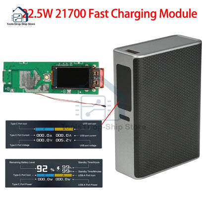 22.5W Fast Charging Module TFT Color Screen Digital DIY Power Bank Kit 21700 Battery Case Fast Charging Mini Portable Power