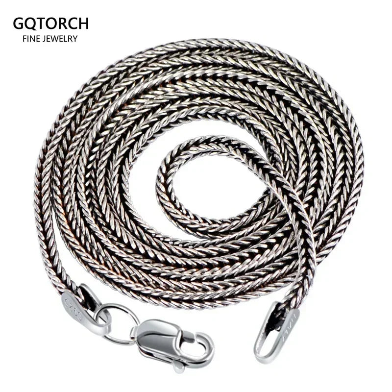 Real Pure 925 Sterling Silver Necklace Chain Women and Men Vintage Foxtail 1.6Mm Retro Solid Thai Silver Italy Fine Jewelry