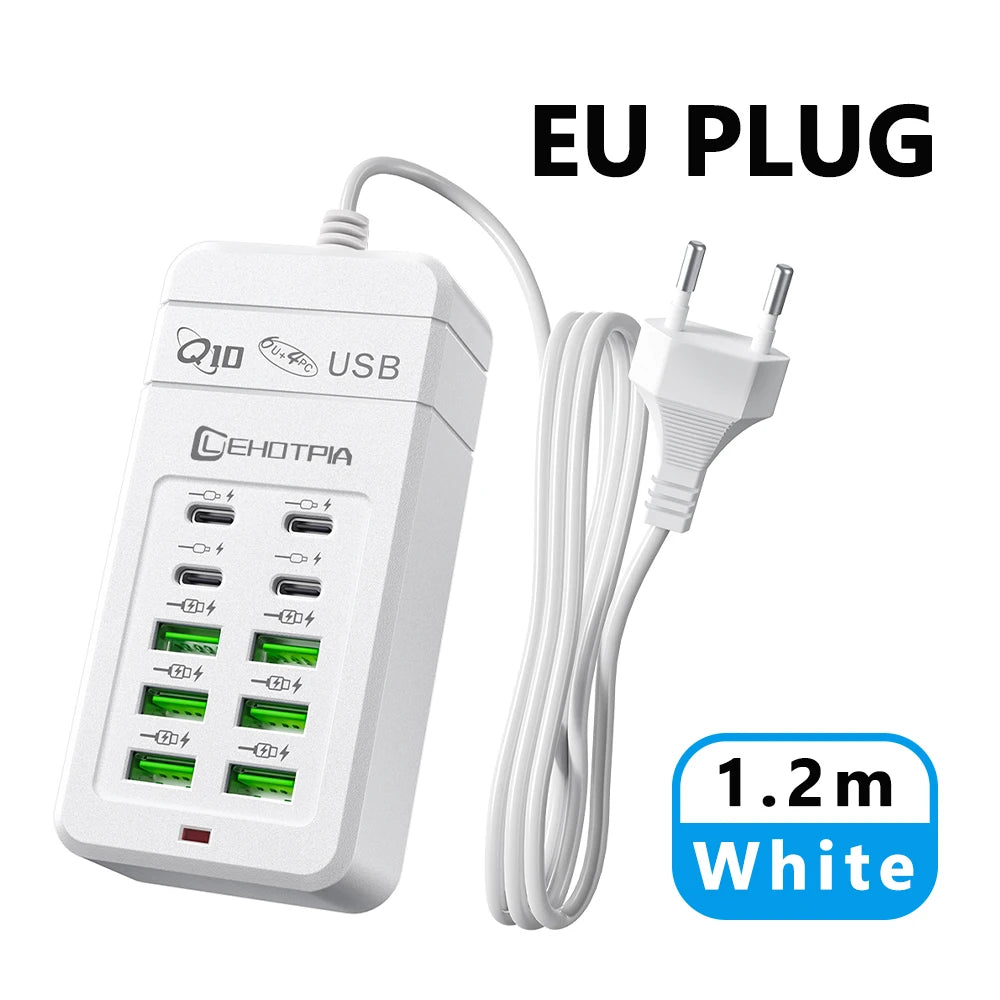 EU UK US Plug Multiple Rapide USB Charger Power Adapter 1.2M Extension Cord 6 USB-A 4 USB-C Portable for Mobile Phone USB Socket