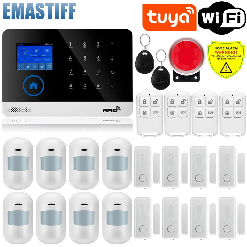 Wireless Tuya APP SIM GSM Home RFID Burglar Security LCD Touch Keyboard WIFI GSM Alarm System Sensor Kit Russian,Spanish Voice