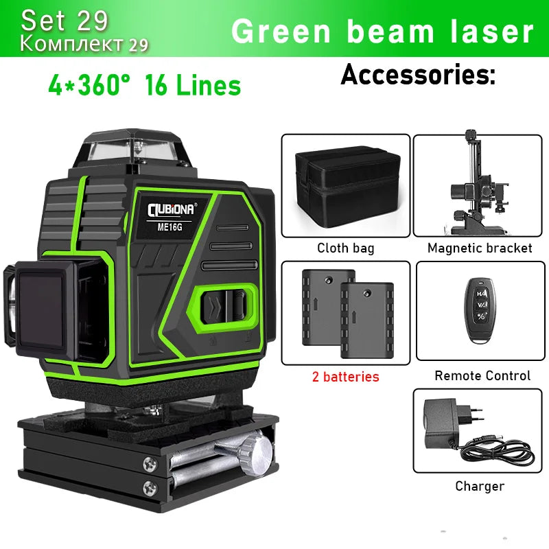 16/12 Lines Self-Leveling Remote Control Outdoor Mode - Receiver Auto 3X360 Green Beam Line Laser Level