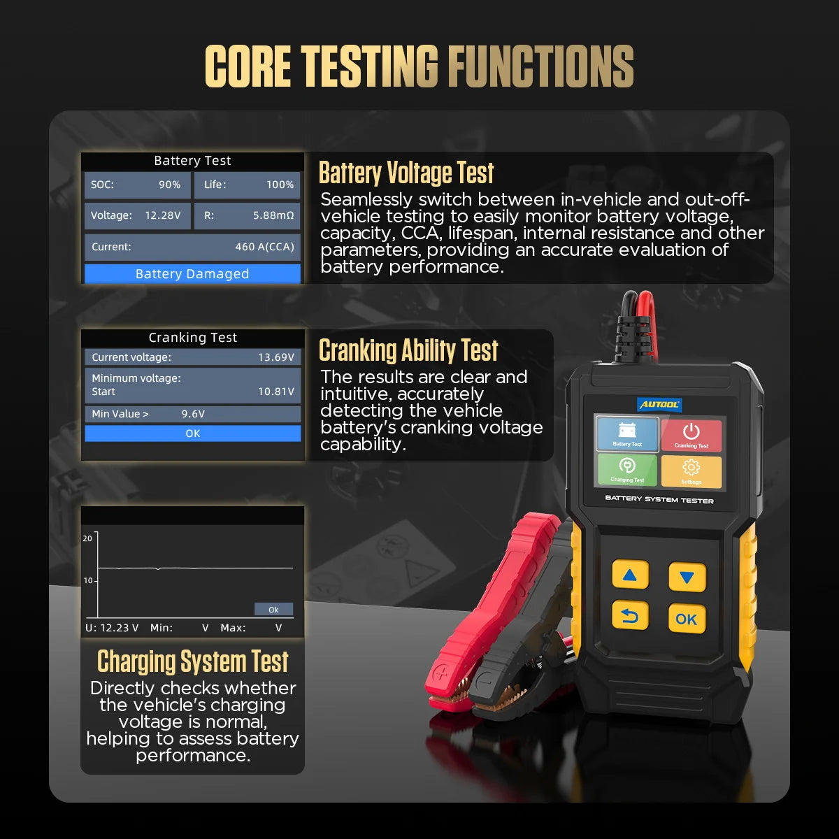 BT360 8-29V Car Battery Tester Digital Automotive Diagnostic Battery Tester Analyzer 30-2000CCA Cranking Charging Tool