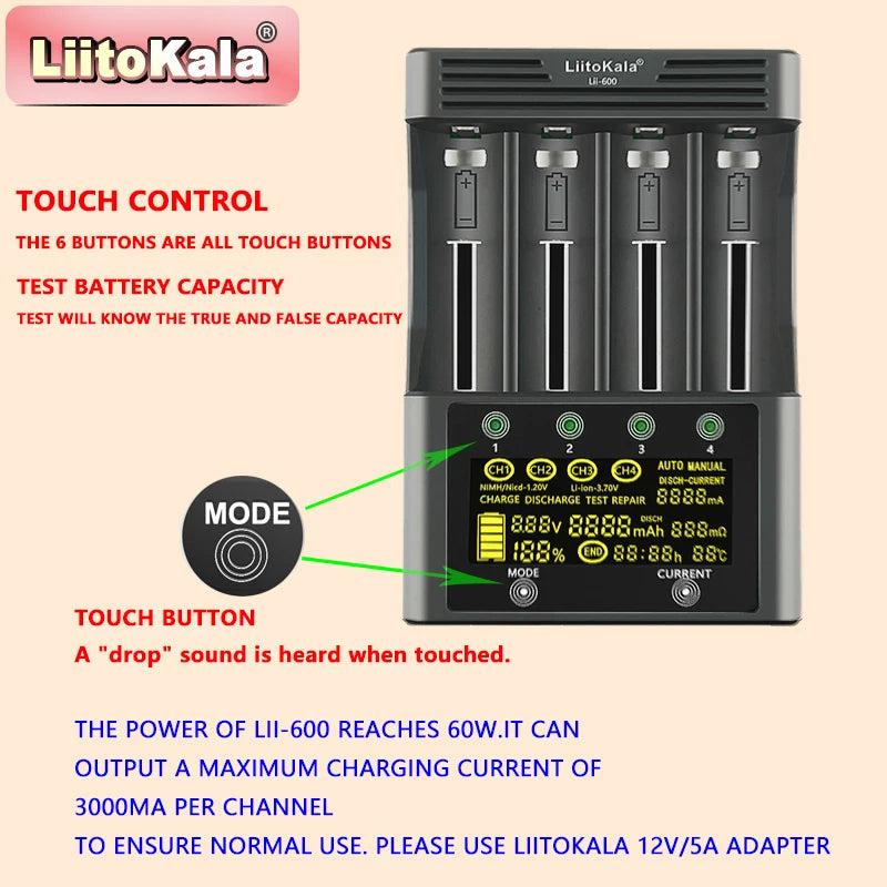 Lii-600 Smart Battery Charger for 18650/21700/AA/AAA | 3A Fast Charging | Nimh/Li-Ion/Nicd Multi-Bay Charger with LCD