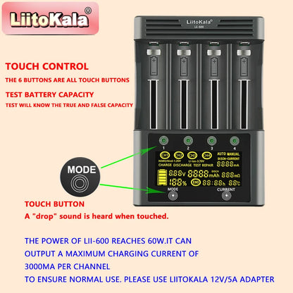 Lii-600 Smart Battery Charger for 18650/21700/AA/AAA | 3A Fast Charging | Nimh/Li-Ion/Nicd Multi-Bay Charger with LCD