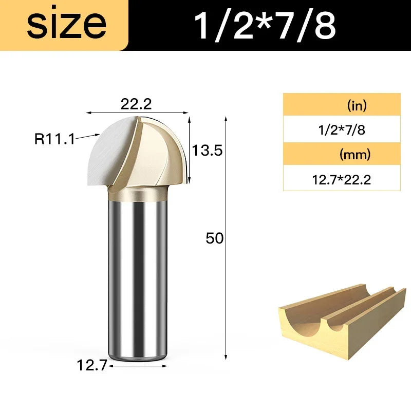 Core Box round Cove Nose Bit Tungsten Carbide CNC Woodworking Groove Tools Router Bits for Wood 1/2 1/4 Shank Milling Cutter