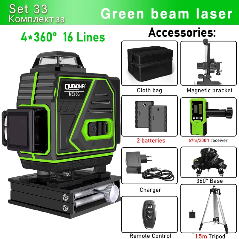 16/12 Lines Self-Leveling Remote Control Outdoor Mode - Receiver Auto 3X360 Green Beam Line Laser Level