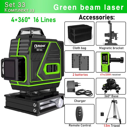 16/12 Lines Self-Leveling Remote Control Outdoor Mode - Receiver Auto 3X360 Green Beam Line Laser Level