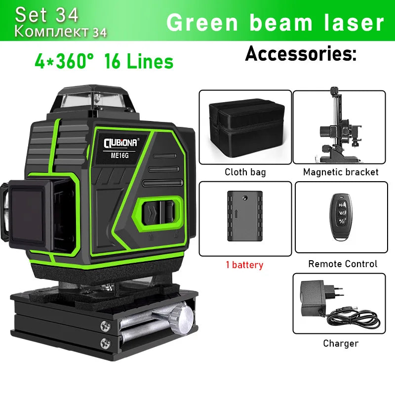 16/12 Lines Self-Leveling Remote Control Outdoor Mode - Receiver Auto 3X360 Green Beam Line Laser Level
