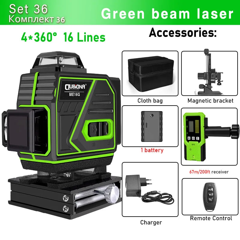 16/12 Lines Self-Leveling Remote Control Outdoor Mode - Receiver Auto 3X360 Green Beam Line Laser Level