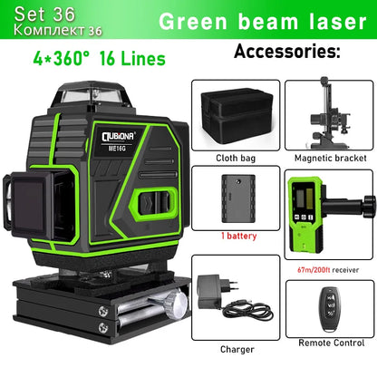 16/12 Lines Self-Leveling Remote Control Outdoor Mode - Receiver Auto 3X360 Green Beam Line Laser Level