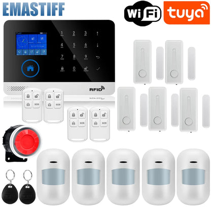 Wireless Tuya APP SIM GSM Home RFID Burglar Security LCD Touch Keyboard WIFI GSM Alarm System Sensor Kit Russian,Spanish Voice