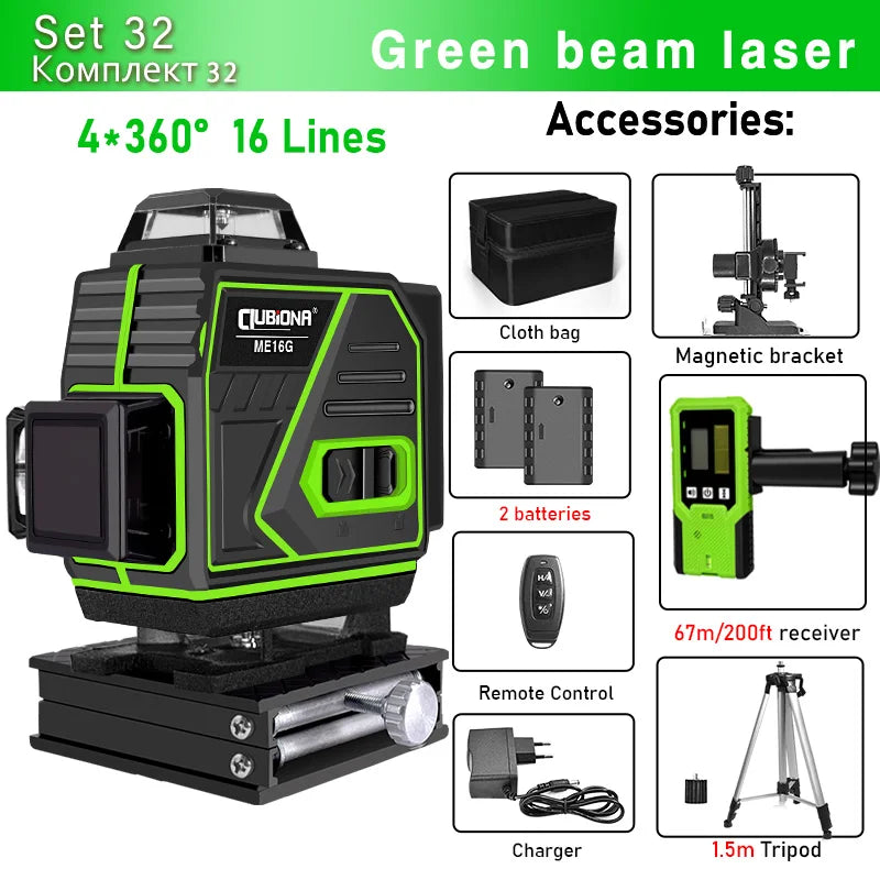 16/12 Lines Self-Leveling Remote Control Outdoor Mode - Receiver Auto 3X360 Green Beam Line Laser Level