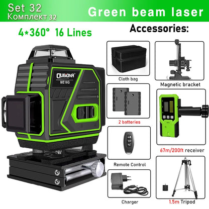16/12 Lines Self-Leveling Remote Control Outdoor Mode - Receiver Auto 3X360 Green Beam Line Laser Level