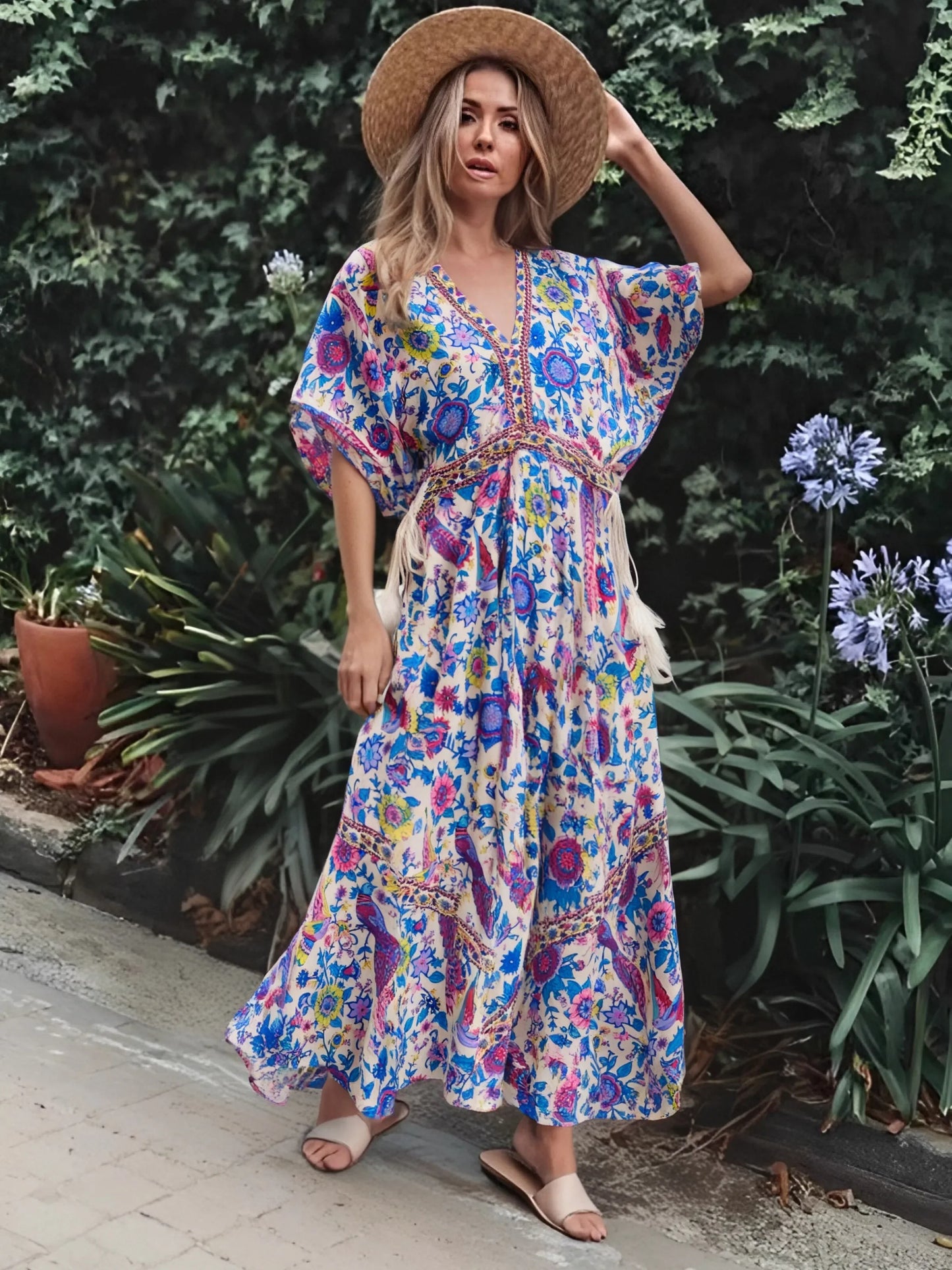 Vintage Chic Women Peacock Floral Print Bat Sleeve Beach Bohemian Maxi Dresses Robe Ladies V-Neck Tassel Summer Boho Dress