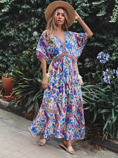 Vintage Chic Women Peacock Floral Print Bat Sleeve Beach Bohemian Maxi Dresses Robe Ladies V-Neck Tassel Summer Boho Dress