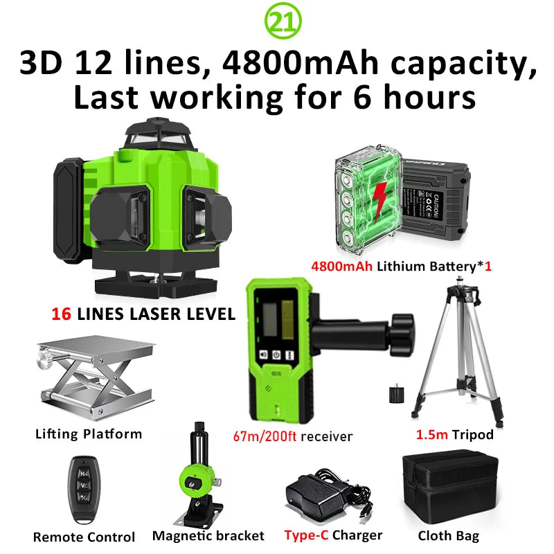 16/12 Lines Self-Leveling Remote Control Outdoor Mode - Receiver Auto 3X360 Green Beam Line Laser Level