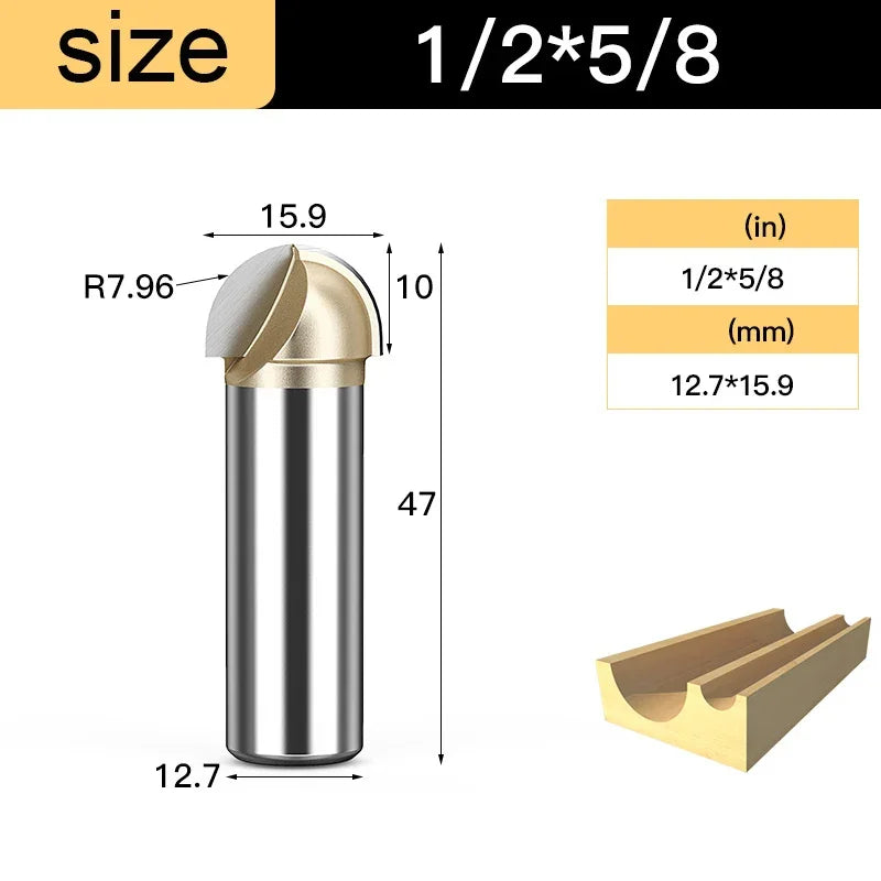 Core Box round Cove Nose Bit Tungsten Carbide CNC Woodworking Groove Tools Router Bits for Wood 1/2 1/4 Shank Milling Cutter