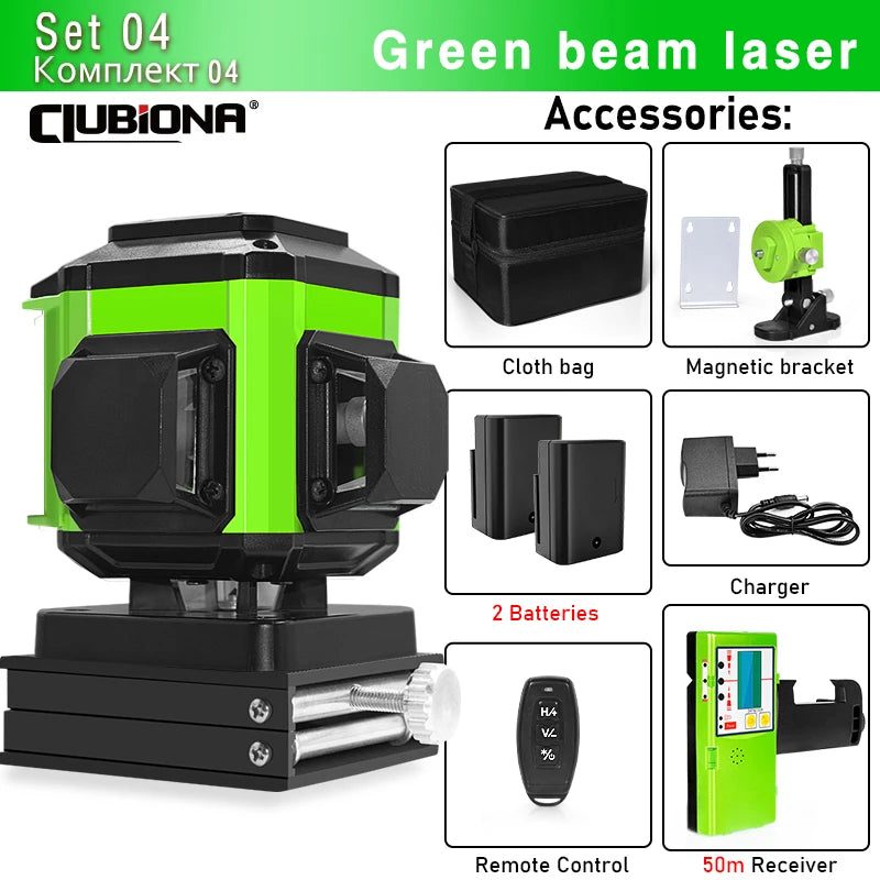 16/12 Lines Self-Leveling Remote Control Outdoor Mode - Receiver Auto 3X360 Green Beam Line Laser Level