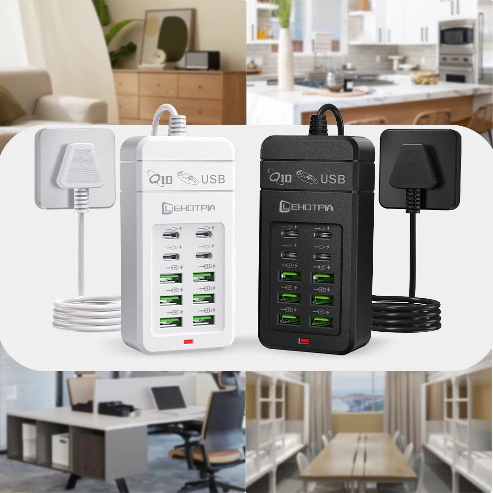 EU UK US Plug Multiple Rapide USB Charger Power Adapter 1.2M Extension Cord 6 USB-A 4 USB-C Portable for Mobile Phone USB Socket
