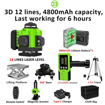 16/12 Lines Self-Leveling Remote Control Outdoor Mode - Receiver Auto 3X360 Green Beam Line Laser Level