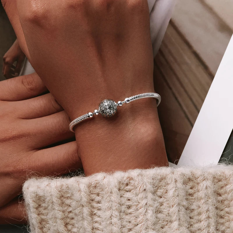 925 Sterling Silver Bracelet – Barrel Snap Clasp, Cubic Zirconia, Bangle Bracelet, Chain Bracelet, Charm, Sizes 17–21