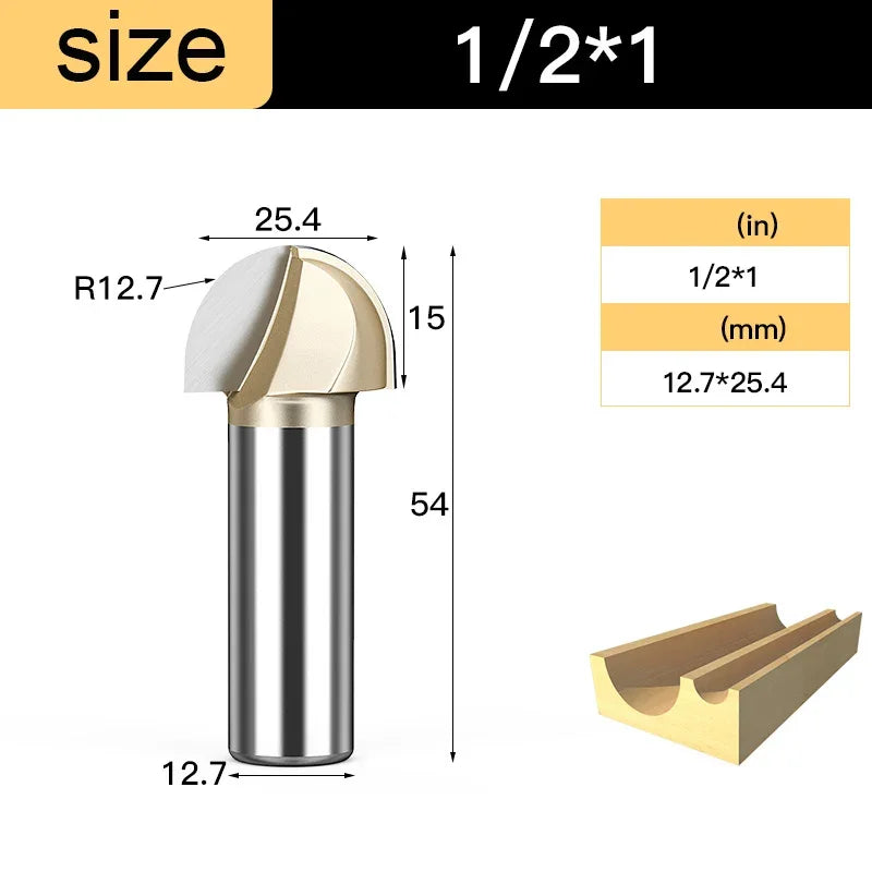 Core Box round Cove Nose Bit Tungsten Carbide CNC Woodworking Groove Tools Router Bits for Wood 1/2 1/4 Shank Milling Cutter