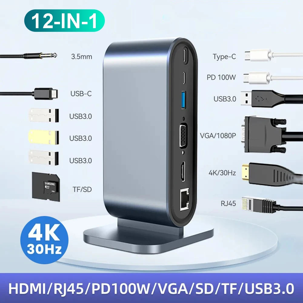 USB C Docking Station PD 100W USB C HUB Type C to Hdmi-Compatible Adapter 4K 30Hz VGA RJ45 USB 3.0 HUB USB Splitter for Macbook