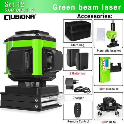 16/12 Lines Self-Leveling Remote Control Outdoor Mode - Receiver Auto 3X360 Green Beam Line Laser Level