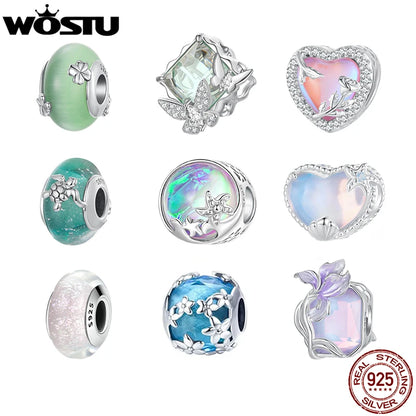 925 Sterling Silver Colorful Ocean Starfish round Heart Charm Butterfly Murano Glass Bead Fit Original Bracelet DIY Gift