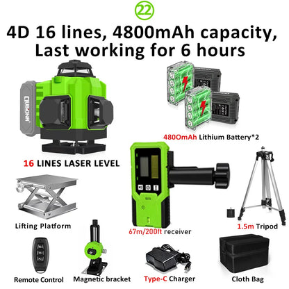 16/12 Lines Self-Leveling Remote Control Outdoor Mode - Receiver Auto 3X360 Green Beam Line Laser Level