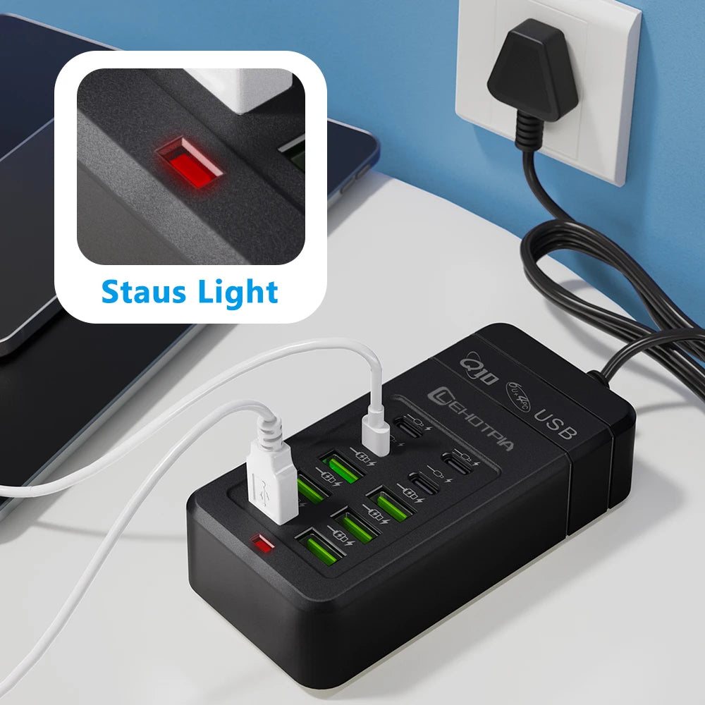 EU UK US Plug Multiple Rapide USB Charger Power Adapter 1.2M Extension Cord 6 USB-A 4 USB-C Portable for Mobile Phone USB Socket