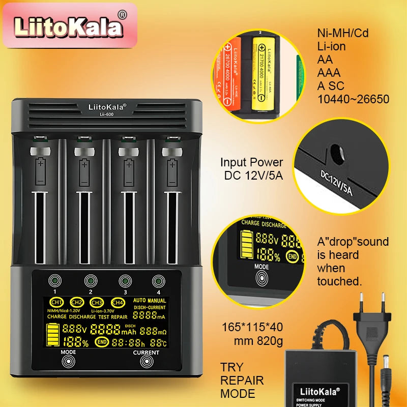 Lii-600 Smart Battery Charger for 18650/21700/AA/AAA | 3A Fast Charging | Nimh/Li-Ion/Nicd Multi-Bay Charger with LCD