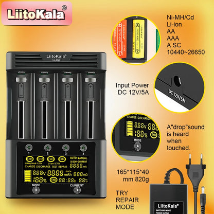 Lii-600 Smart Battery Charger for 18650/21700/AA/AAA | 3A Fast Charging | Nimh/Li-Ion/Nicd Multi-Bay Charger with LCD