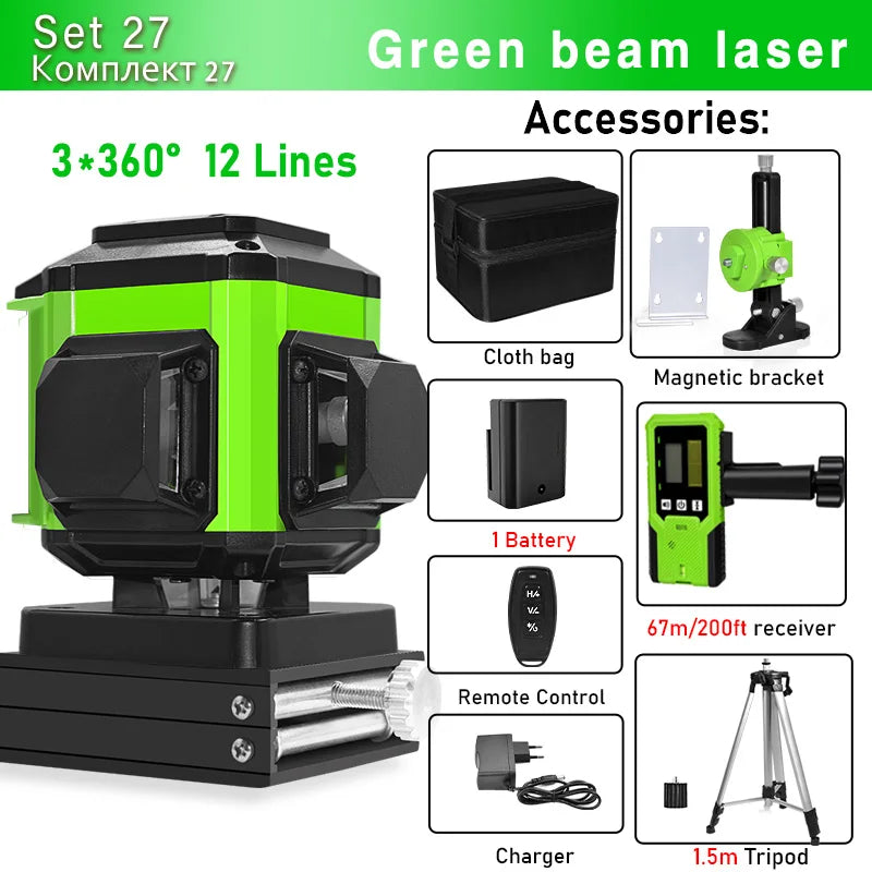 16/12 Lines Self-Leveling Remote Control Outdoor Mode - Receiver Auto 3X360 Green Beam Line Laser Level