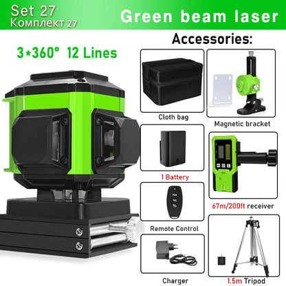 16/12 Lines Self-Leveling Remote Control Outdoor Mode - Receiver Auto 3X360 Green Beam Line Laser Level