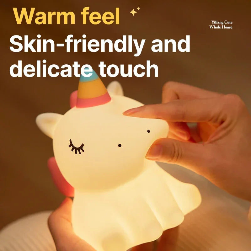 Cartoon Unicorn Night Lamp Soft Silicone Pat Light Warm Light Eye Protection Night Reading Lamp Desktop Kid'S Room Decoration