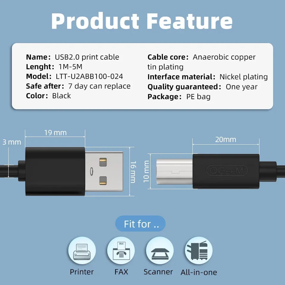 USB Cable for Printer High Speed a to B Male to Male Usb Printer Cable Data Sync for 3D Label Printer Lenovo 1M 1.5M 2M 3M 5M