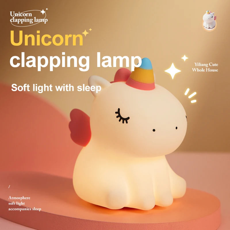 Cartoon Unicorn Night Lamp Soft Silicone Pat Light Warm Light Eye Protection Night Reading Lamp Desktop Kid'S Room Decoration